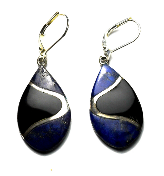 Sterling Silver Lapis Onyx Inlay Teardrop Dangle 43mm x 15mm