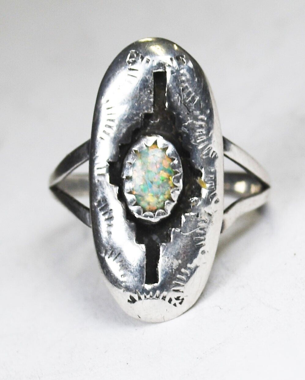 Sterling Silver Signed P Opal Shadow Box Oval Ring 24mm Size 6.5