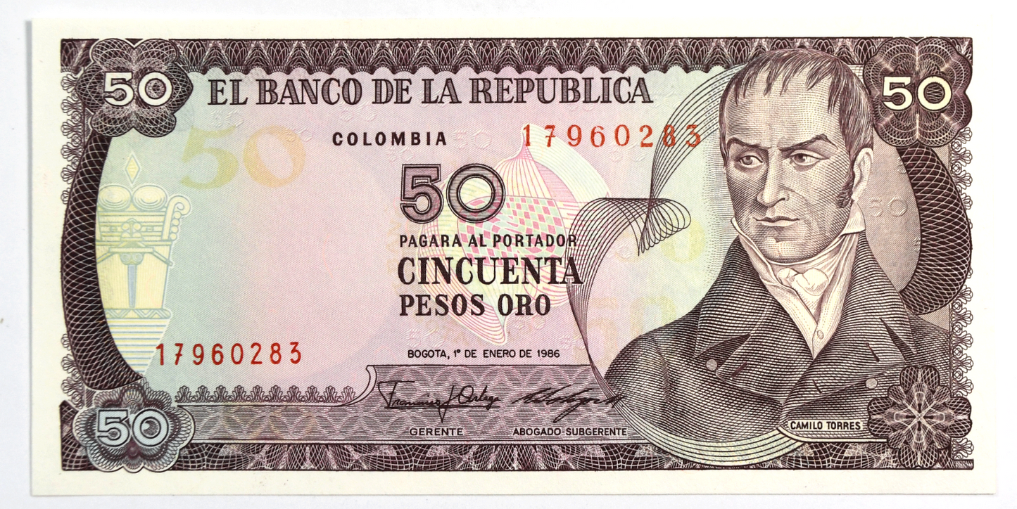 1986 50 Fifty Pesos Colombia Banknote Uncirculated 17960283