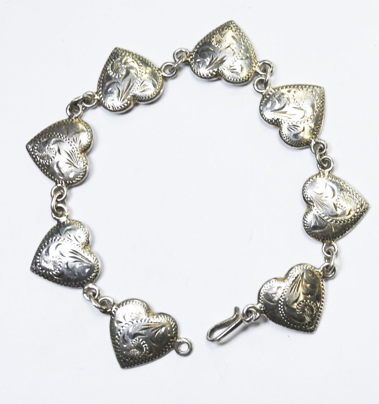 Sterling Silver Etched Heart Link Bracelet 15mm 8" Wrist