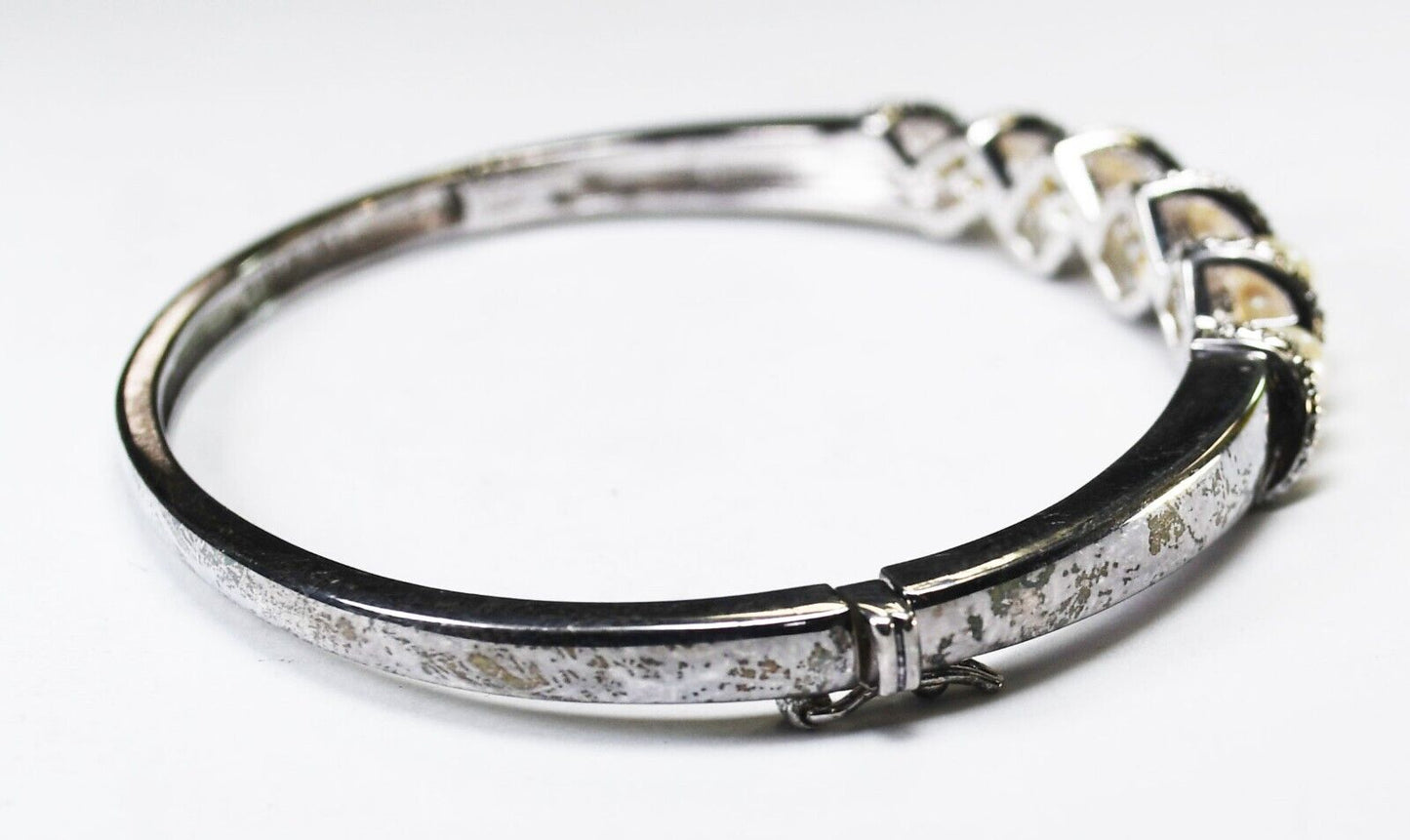Sterling Silver Pearl CZ Hinged Bangle 9mm Bracelet