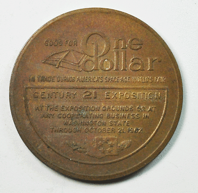 1962 Space Age Worlds Fair $1 Trade Token 39mm Copper Century 21 Exposition