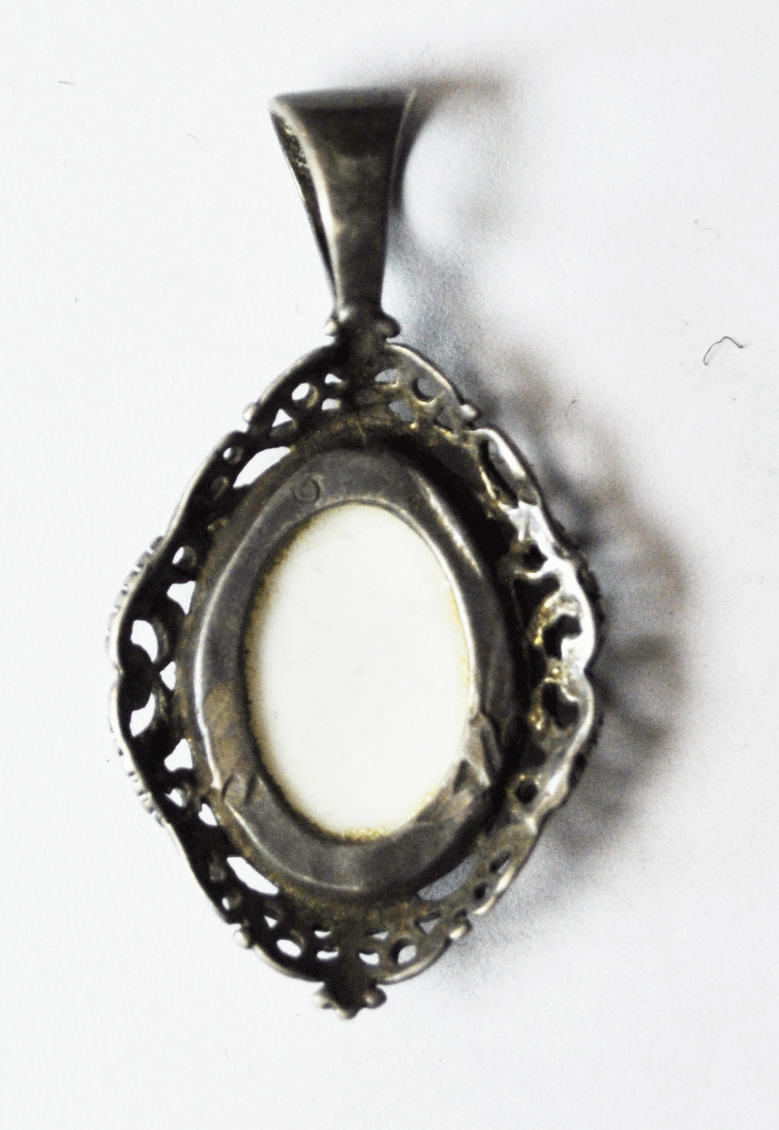Sterling Silver Pink Rose Print Oval Filigree Pendant 1.5"