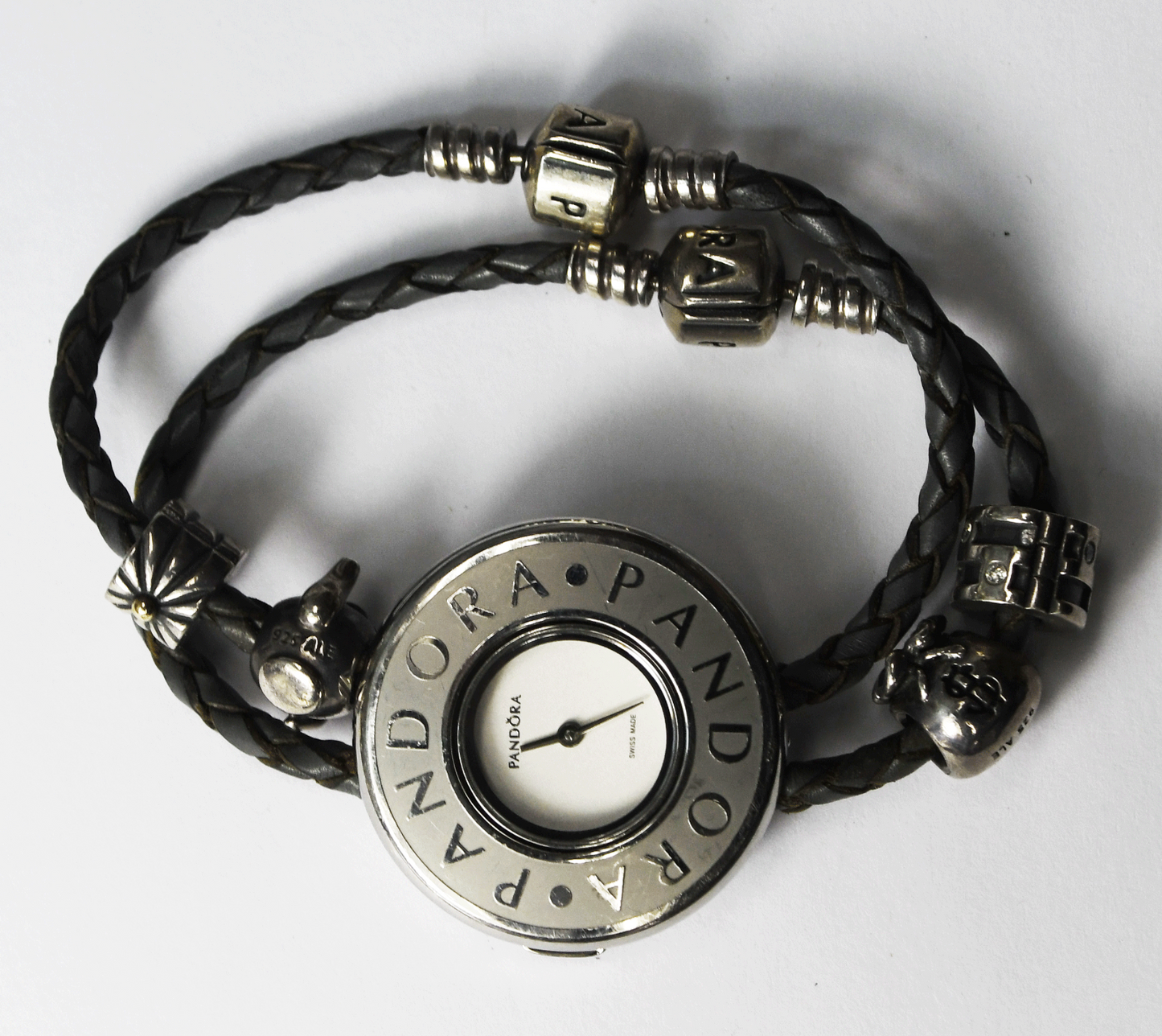 Pandora Embrace 811041LS 30mm Round Wristwatch Double Leather Bracelets 4 Charms