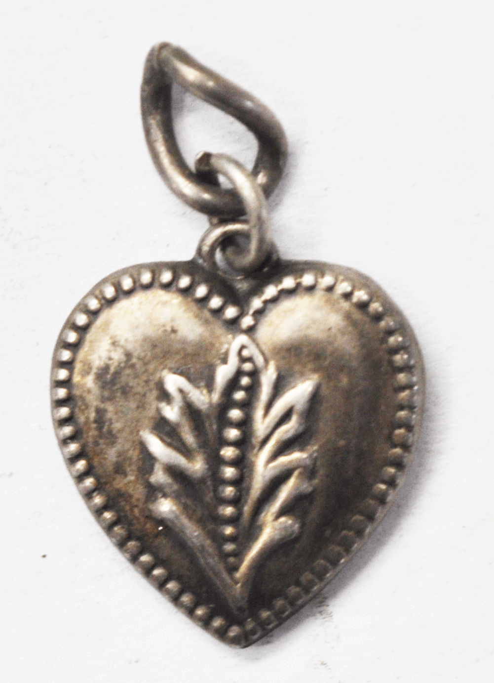 Antique Sterling Silver Dot Beaded Leaf Puffy Heart Charm 19mm x 15mm