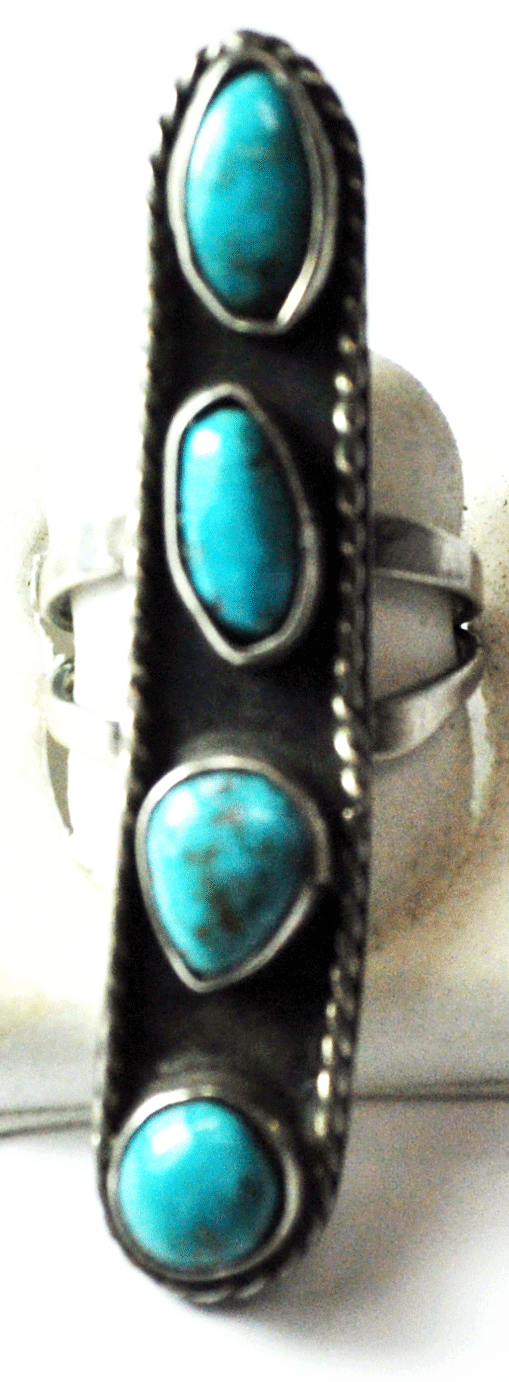 Sterling Silver Four Turquoise Elongated Pea Pod Ring 55mm Size 8