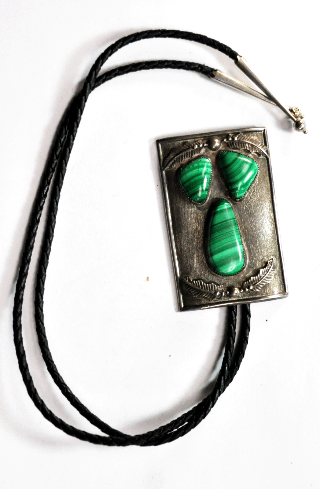 Sterling Silver Large Rectangle Floral Green Malachite Bolo Tie 2" x 3"