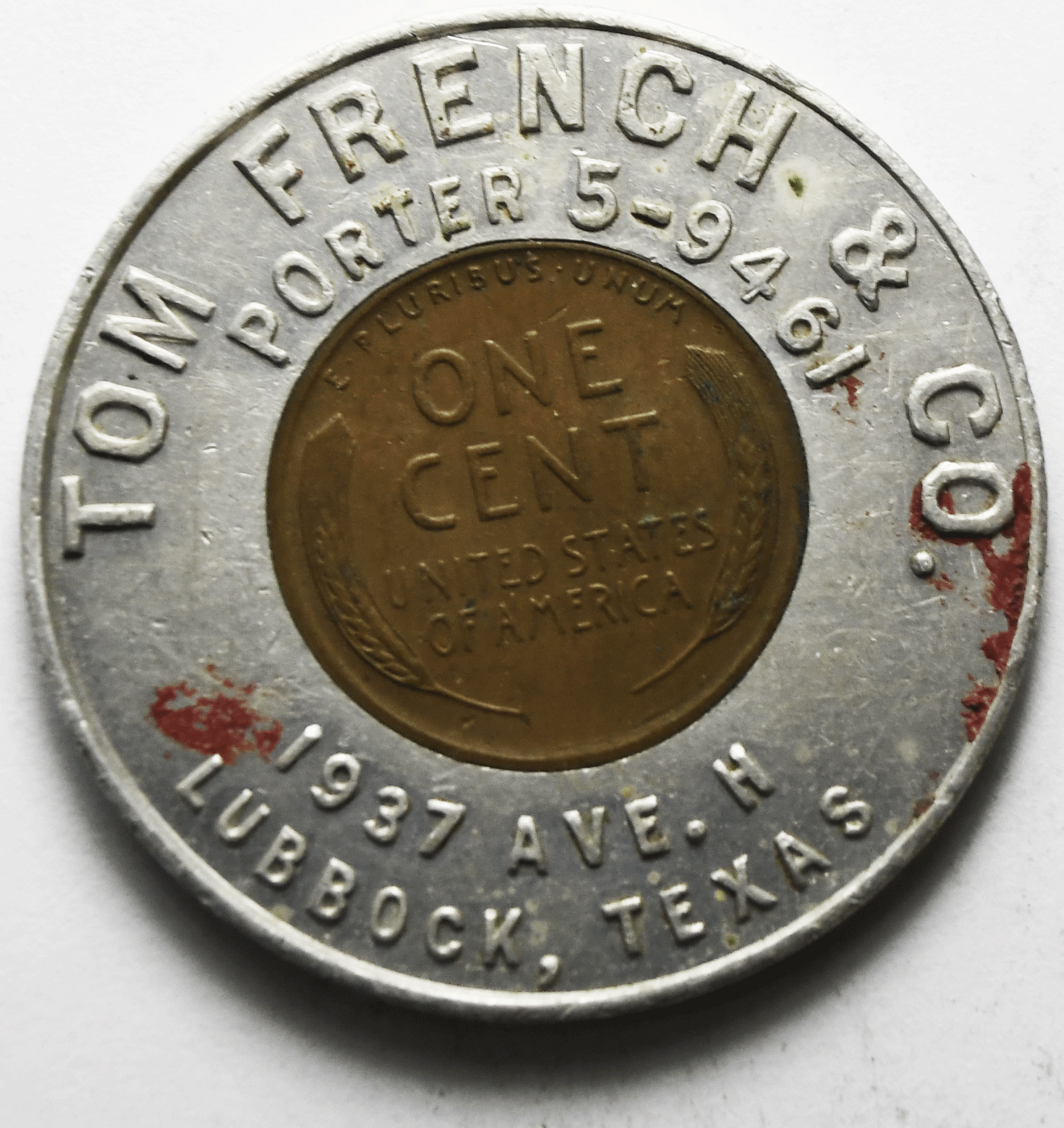 1955 D Wheat Cent 1c Encased Penny Tom French & Co Lubbock Texas