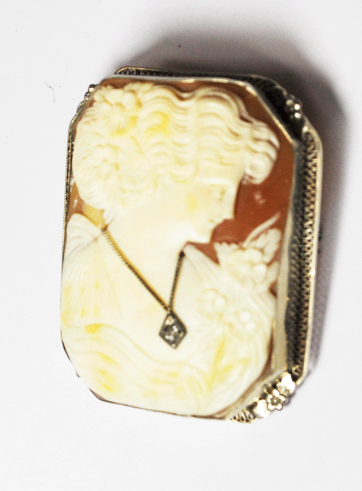 Antique Cameo 14kwg Filigree Brooch Bust Diamond Pendant Pin 46mm X 39mm Large