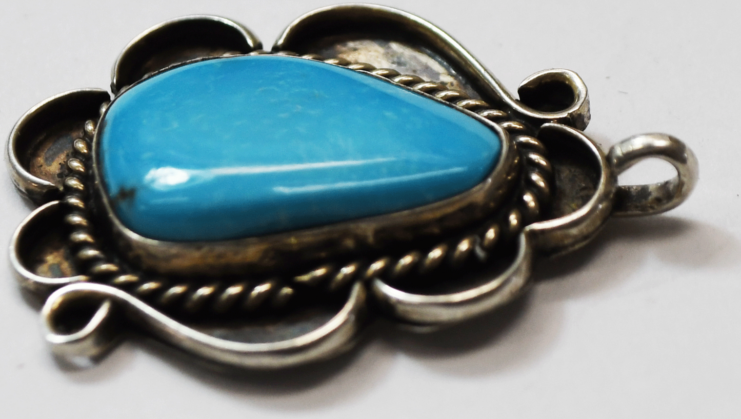 Antique Sterling Silver Teardrop Turquoise Small Bale Pendant 36mm x 27mm