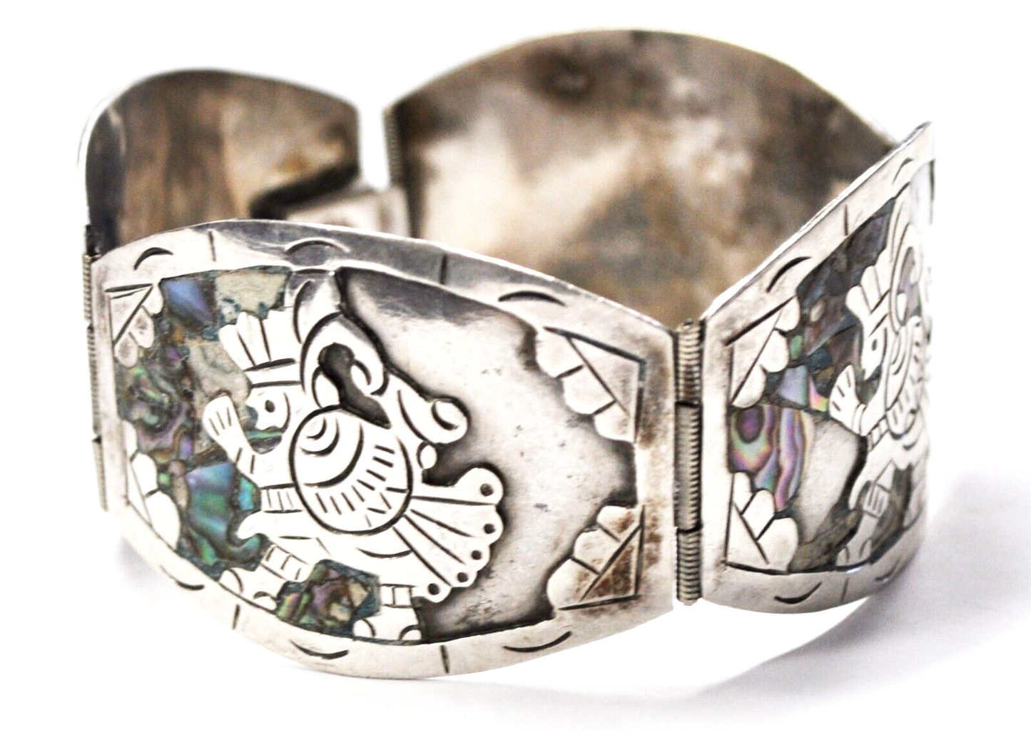 Sterling Silver CS Aztec Inlay 33mm Wide Bracelet 7-1/2" Missing Abalone
