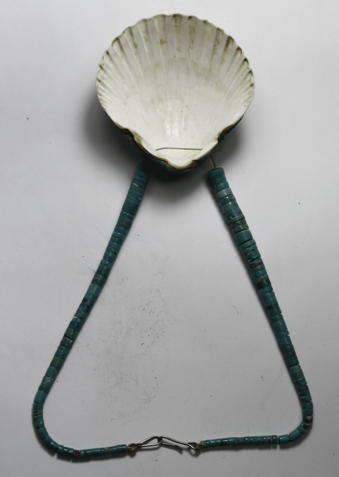 Sterling Turquoise Coral Inlay 2-3/4" Shell Pendant 8mm Bead 16.5" Necklace
