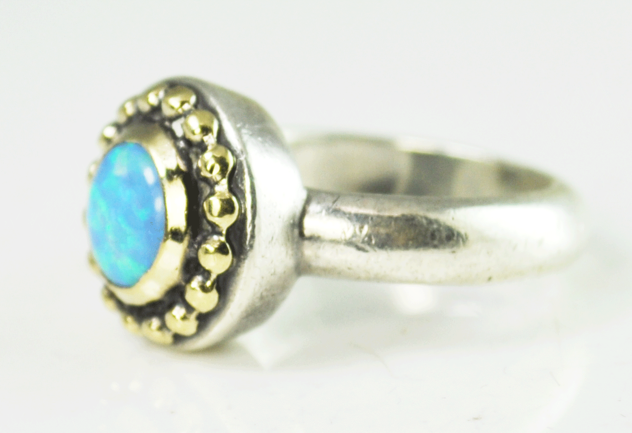 Sterling Silver Fire Opal Round Solitaire Two Tone MGS Ring 13mm Size 7