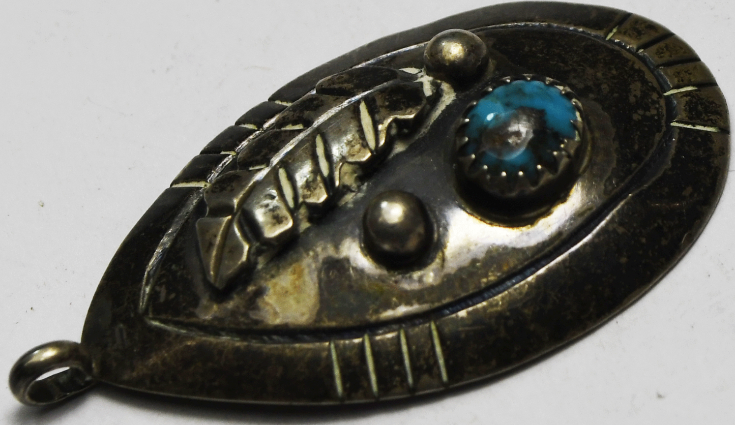 Sterling Rita Paul Turquoise Leaf Teardrop Dot Pendant 40mm x 23mm