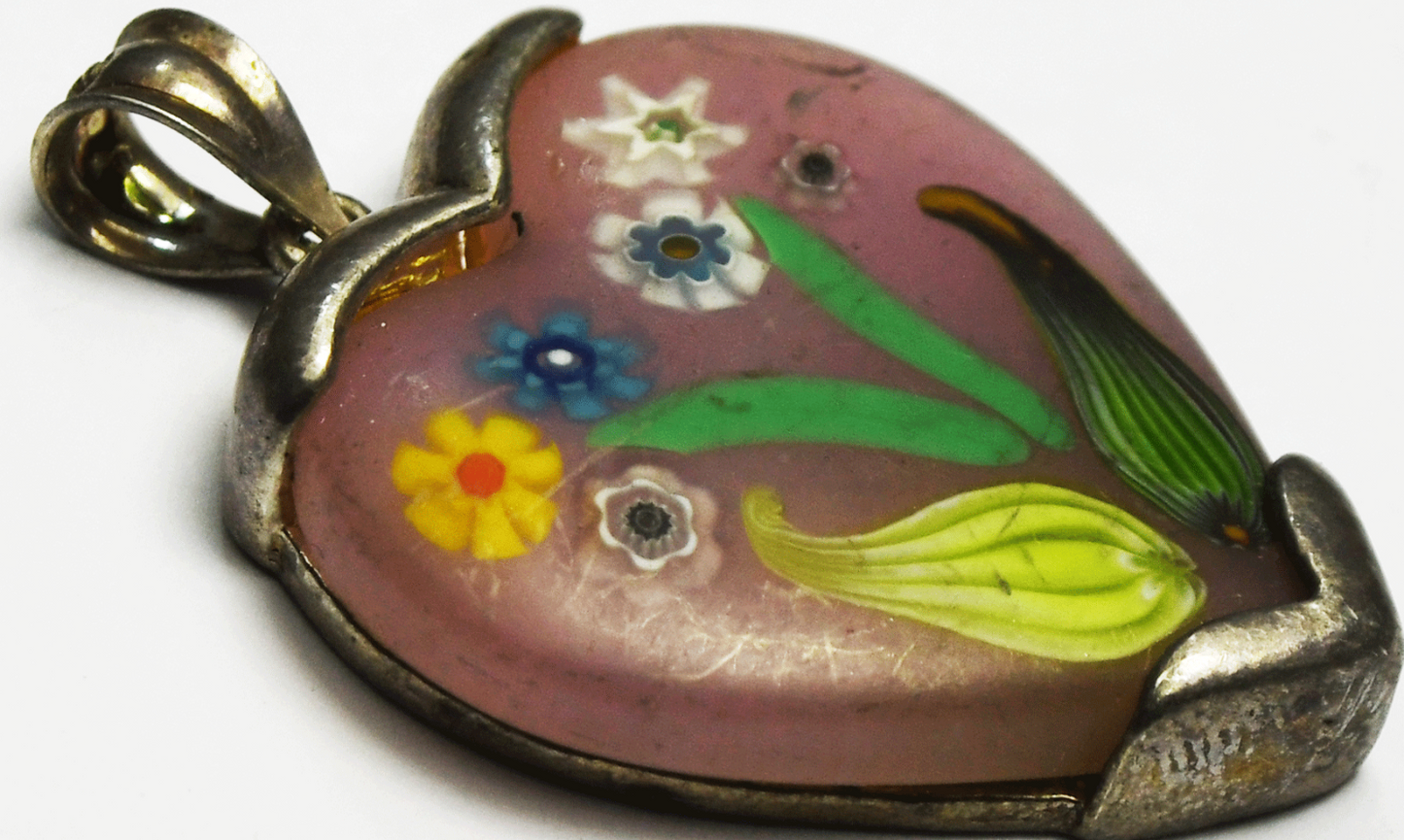 Sterling Silver Milliefiori  Pink Murano Heart Flower  Pendant 37mm x 26mm