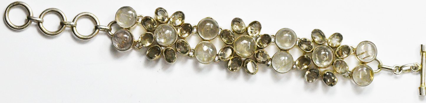 Sterling Silver Rutilated Quartz Flower Cluster Toggle Bracelet 28mm 8-1/2"