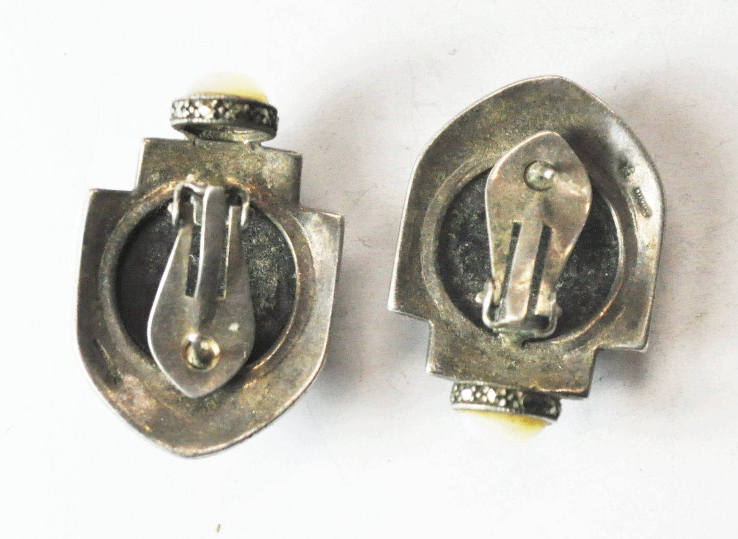 Sterling Silver Designer Signed Onyx Marcasite MOP Clip On Earrings 36mm x 25mm