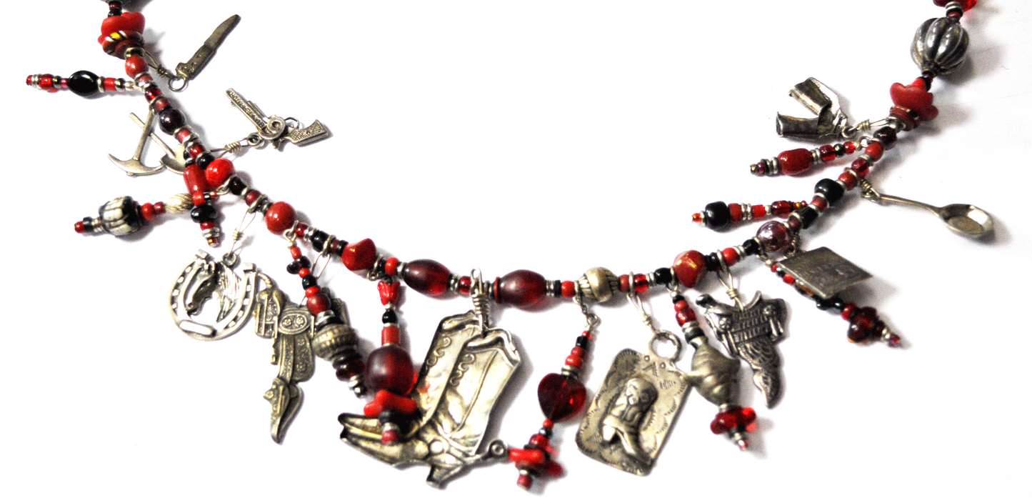 Sterling Silver Red Bead Southwest 2" Charm Necklace 23.5" Boots Pistol Saddle