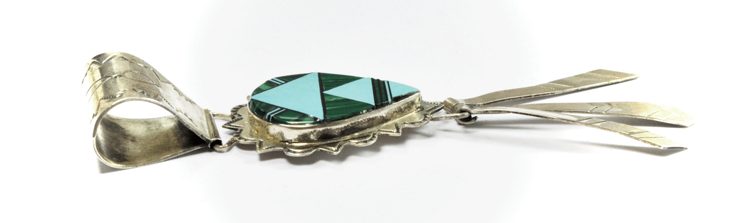 Sterling Silver J. Hoskie Turquoise Inlay 4.25" Dangle Pendant Large Etched Bale