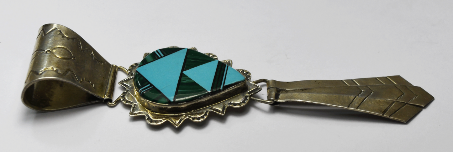 Sterling J. Hoskie Turquoise Malachite Inlay 4.25" x 31mm Pendant Large Bale
