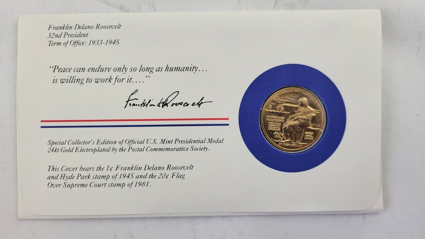 F D Roosevelt Presidential Covers Medal Postal Commemorative Society Gold Plated