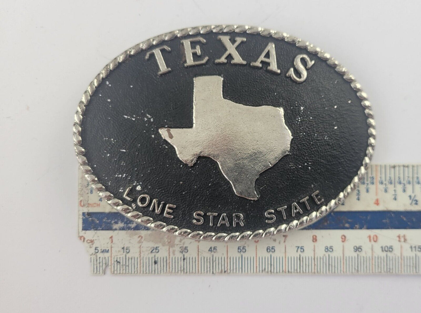 Vintage Lone Star State Texas State Belt Buckle Black Oval Worn 4 x 2 3/4"