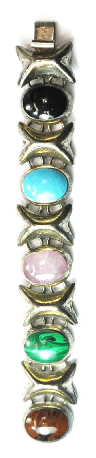 Sterling Silver TZ-17 Mexico XO 26mm Multi Color Stone Link Bracelet 6-3/4" 69g