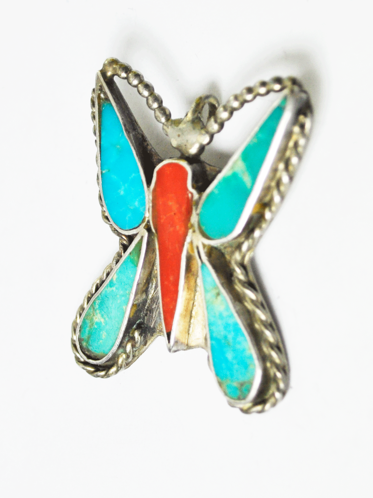 Sterling Silver Turquoise & Coral Red Blue Butterfly Slide Pendant 1.5"