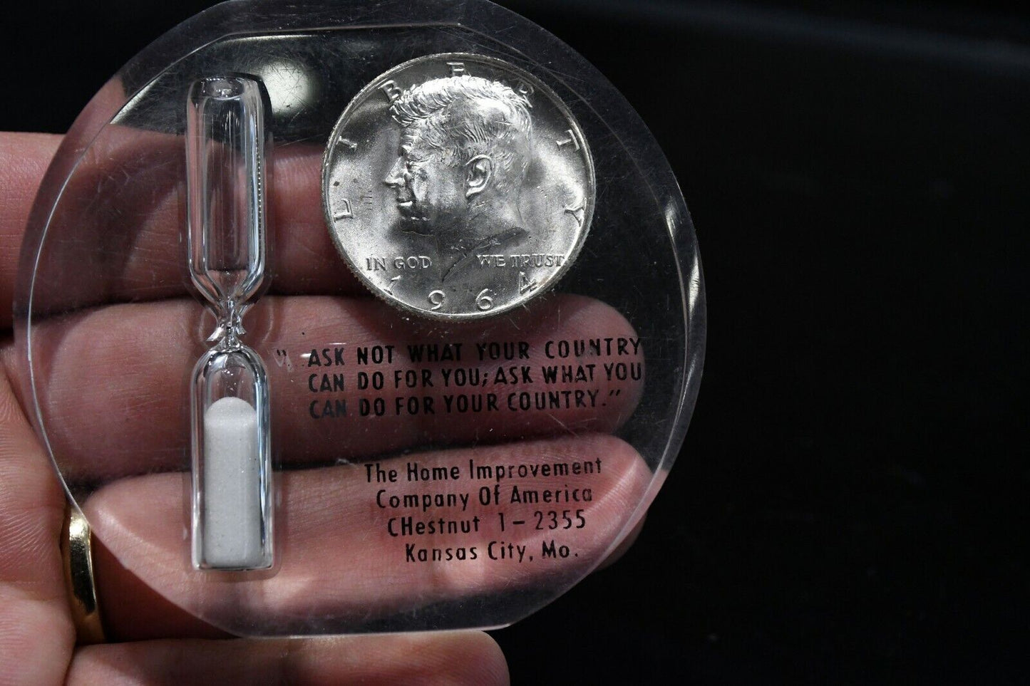 Vintage Paperweight Home Improvement Company KC Mo. Silver 1964 Kennedy Half