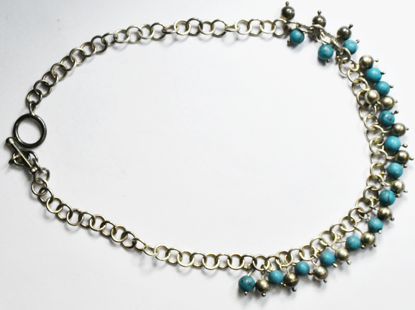 950 Silver Turquoise Blue Bead Ball Cha Cha Necklace Toggle 14mm 15.5"