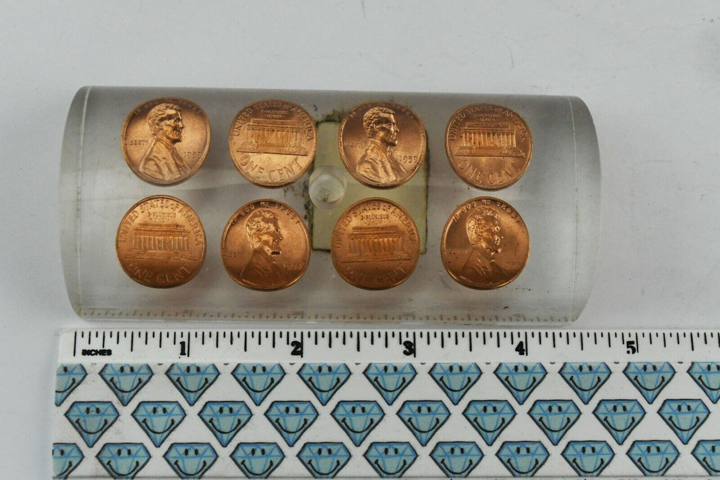Vintage 1959 Desktop Penny Paperweight Pen Holder in Acrylic 4 1/2"