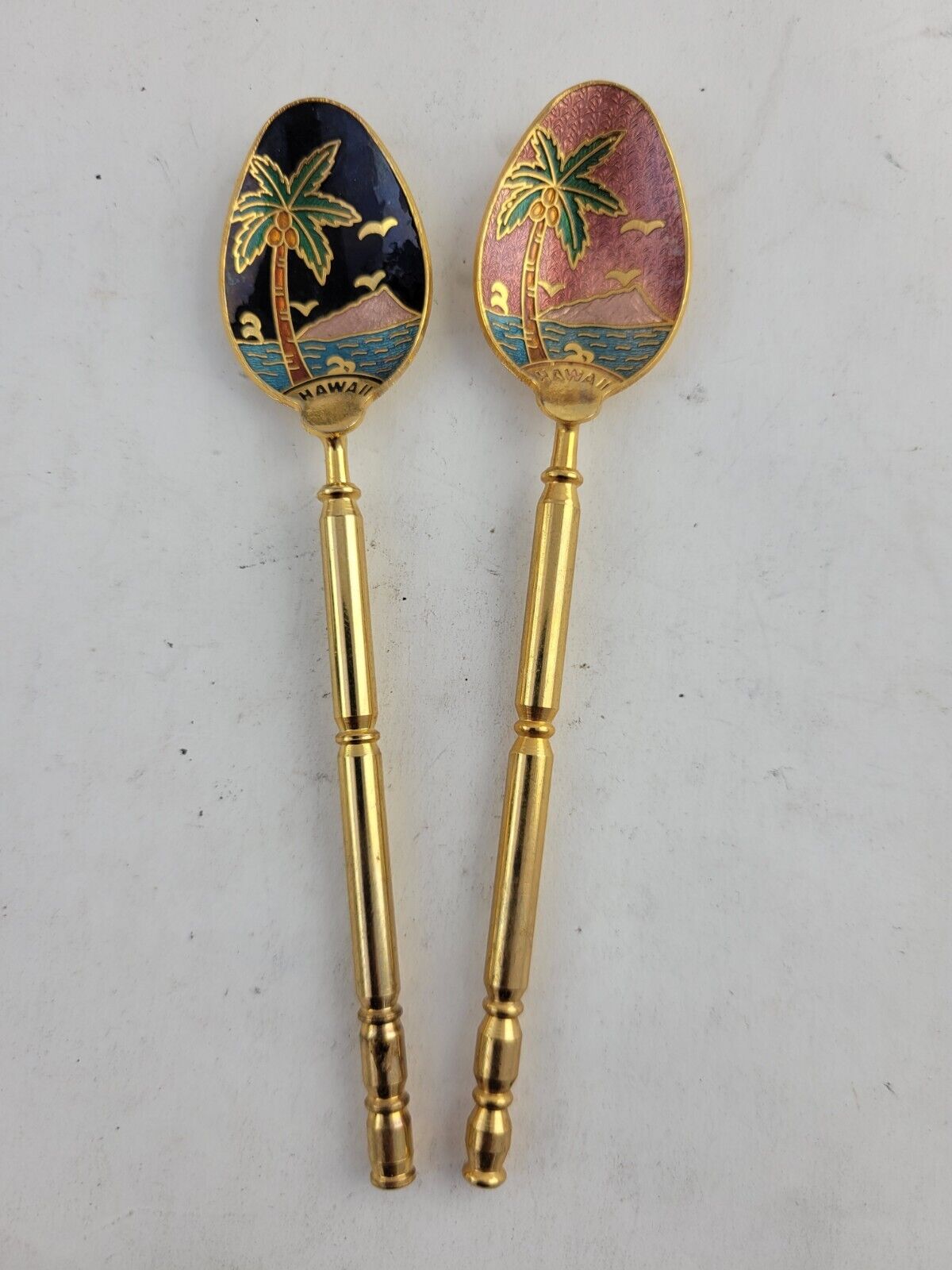 Vintage 2pc Souvenir Spoons Hawaii Cloisonne Gold Toned Enameled