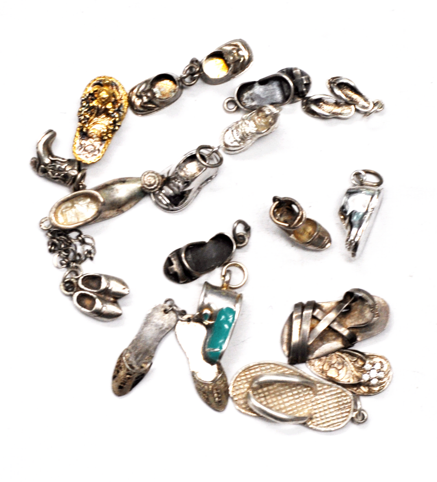 Lot of 16 Sterling Shoe Charms Sandals Enamel Sneakers Turkish Slipper Boot