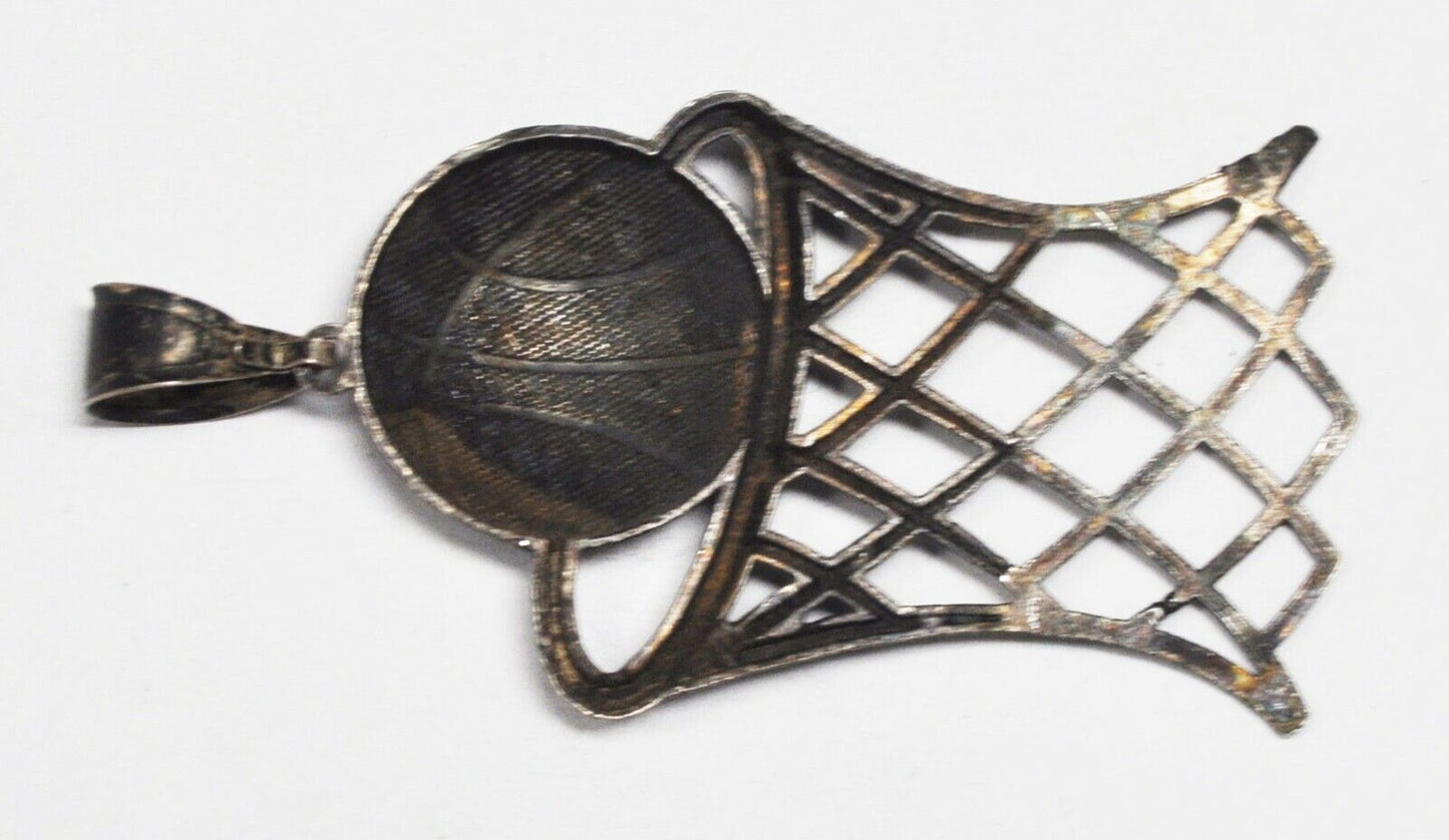 Sterling Silver Large Basketball Hoop Pendant 3-1/8" x 1.5" Diamond Cut