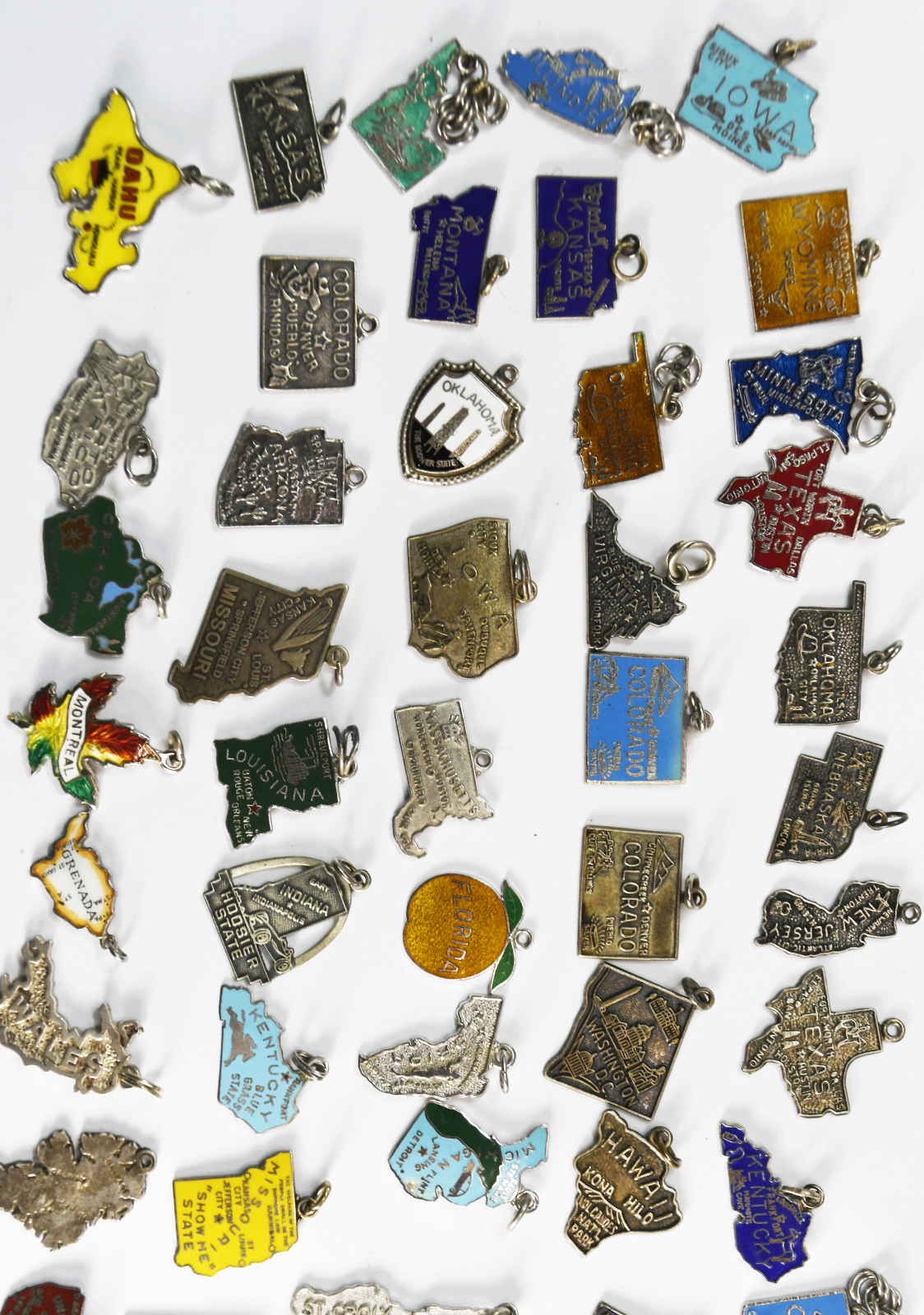 Lot of 52 Sterling Travel State Country Charms Elco Wells Hawaii Kansas 106g
