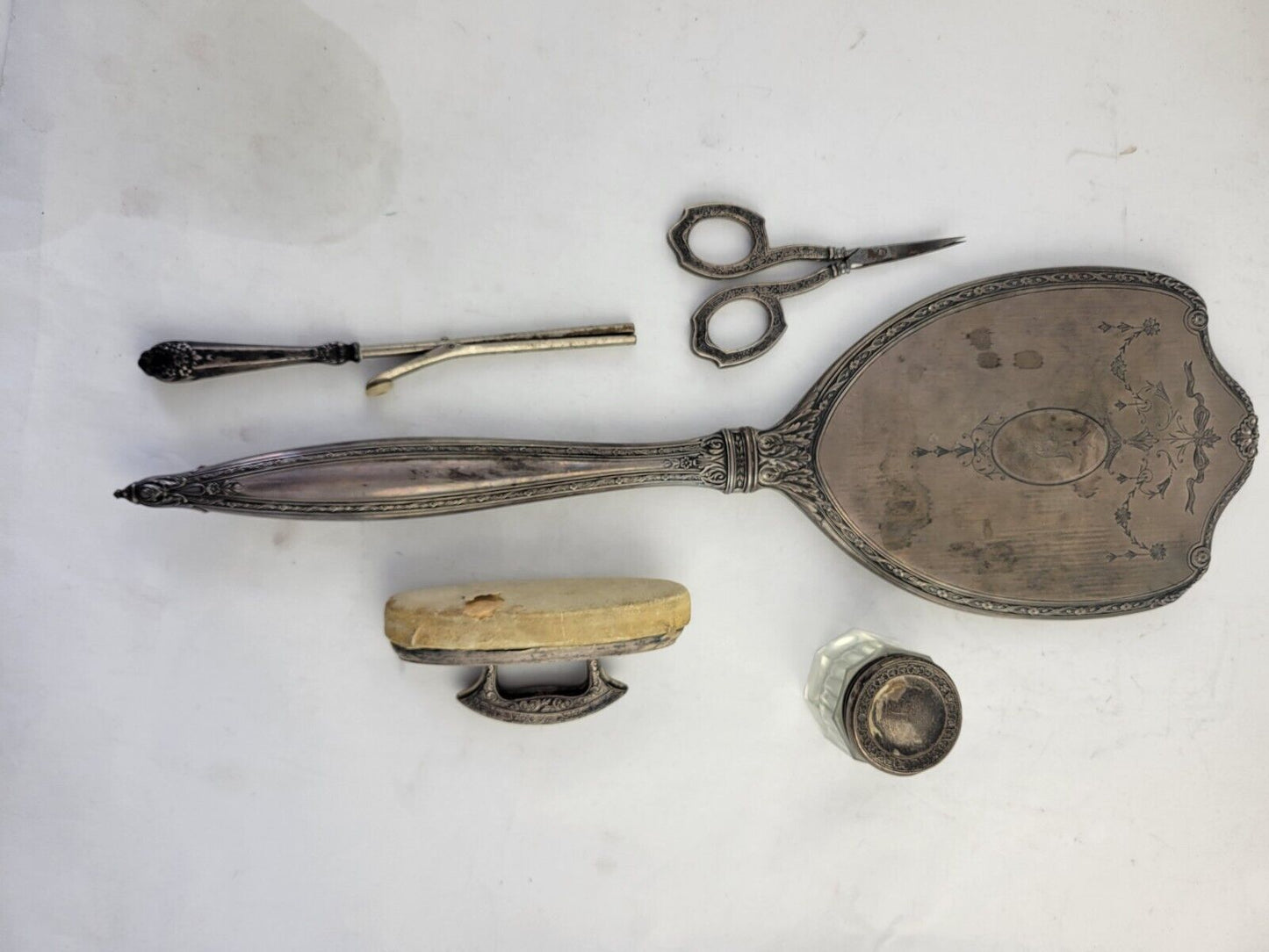 Victorian Sterling Repousse 5 Piece Vanity Set Mirror scissors Nail Buffer