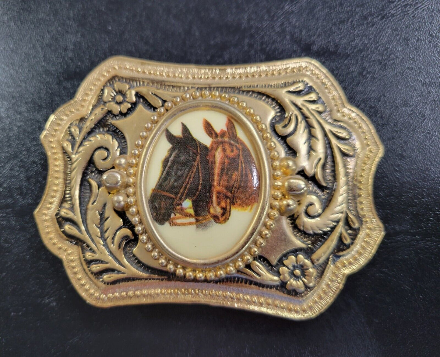 Vintage Double Horse Head Gold Tone Metal Belt Buckle 3 3/3"x 2 1/2"