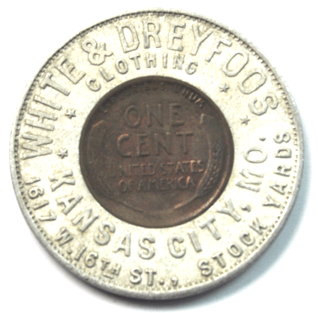 1912 D 1c Wheat AU Encased Penny White & Dreyfoos KC MO 1617 w 167th Stock Yards