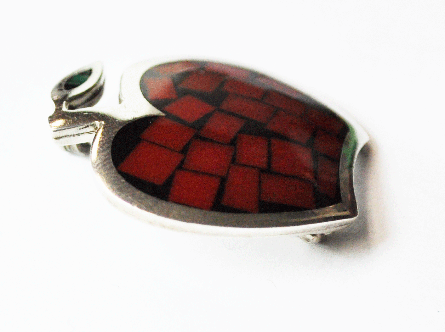 Sterling Silver Mexico Red Apple Enamel Brooch Pin Green Leaf 1-1/4"
