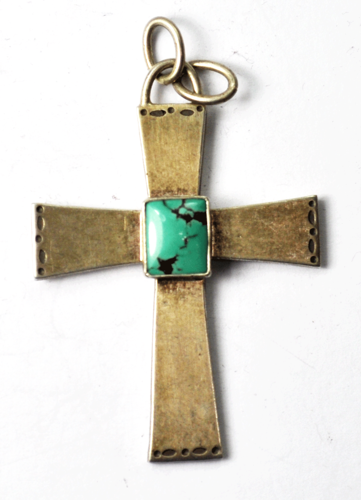 Sterling SL 925 Dry Creek Fox Blue Green Turquoise Cross Pendant 2-1/4" x 1.5"