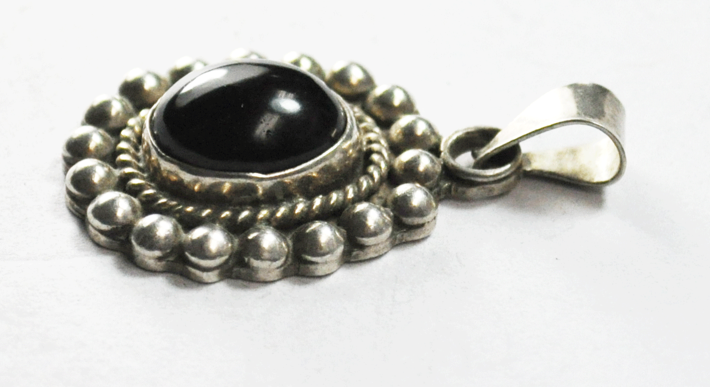 Sterling Black Onyx Dot Halo 34mm x 20mm Pendant 4mm Bale