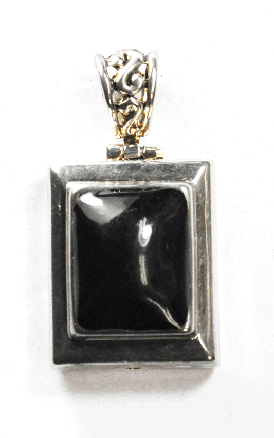 Sterling Silver Domed Black Onyx Rectangle Filigree Floral Pendant 41mm x 22mm
