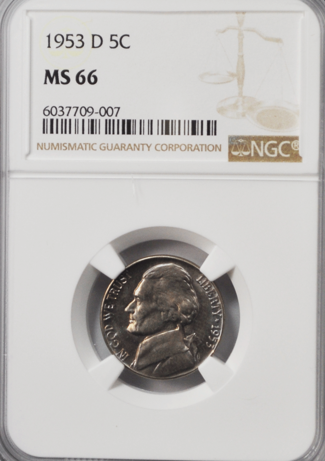 1953 D 5c Jefferson Nickel Five Cents NGC MS66 Brilliant Uncirculated Denver