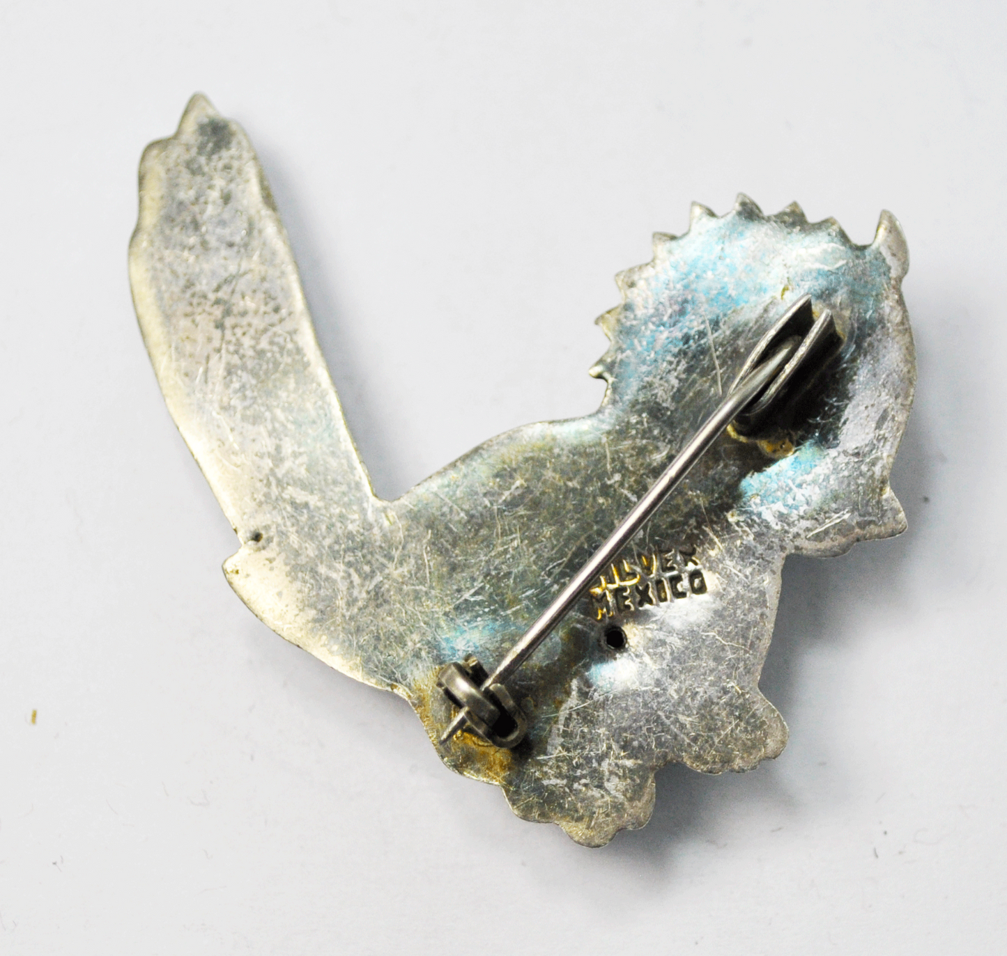 Silver Mexico Hollow Bird Blue Turquoise Eye Etched Brooch Pin 2"