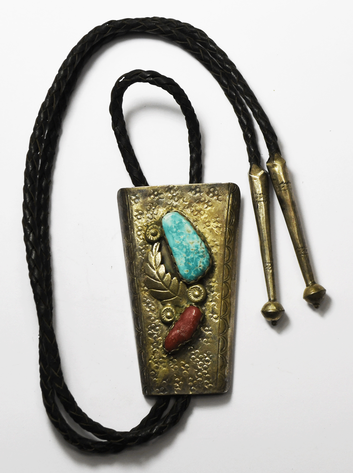 Sterling Turquoise Coral Dot Floral 3" Bolo Tie 19" Double Black Leather Cord