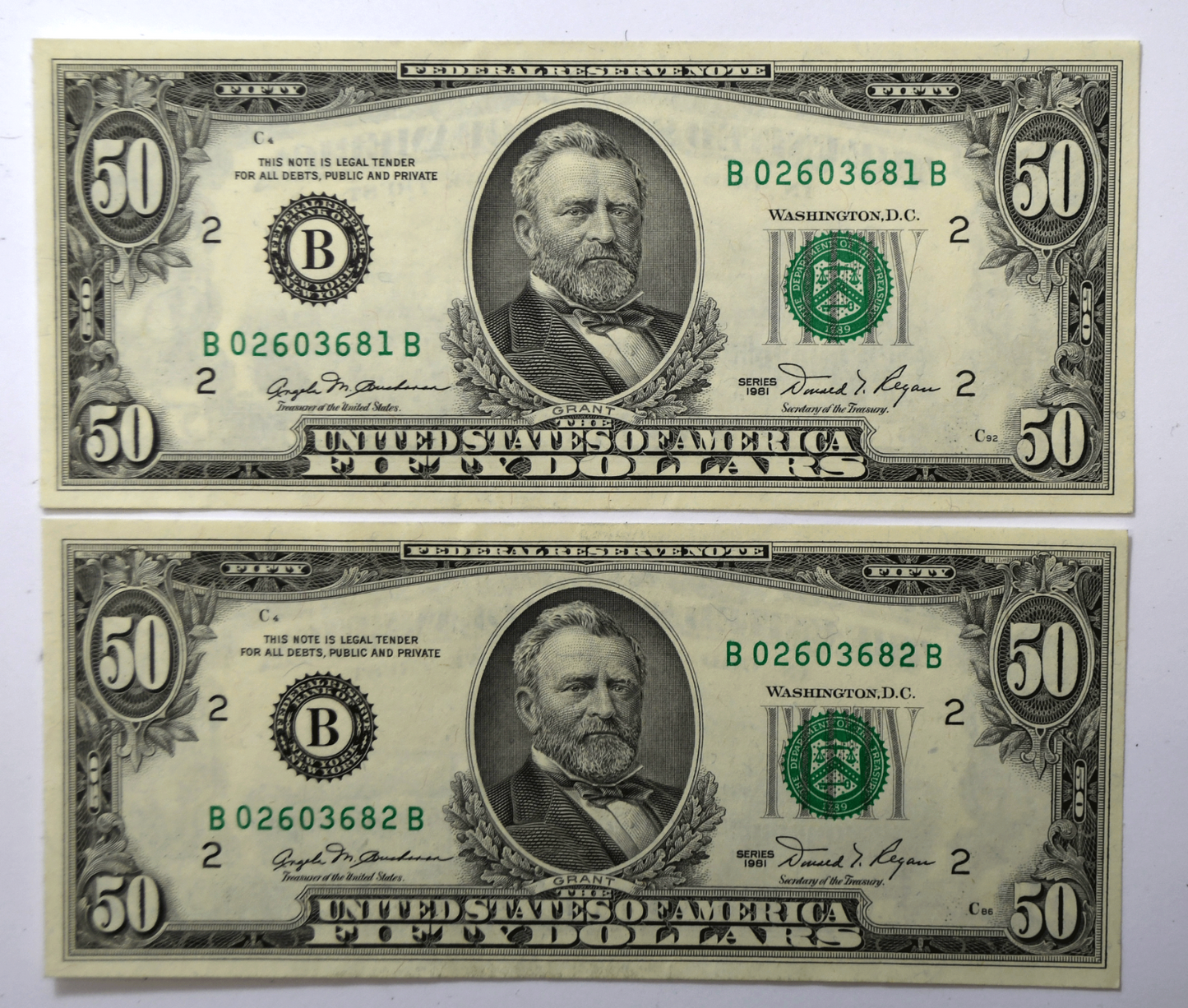 1981 $50 Federal Reserve Notes Uncirculated Sequential B02603682B