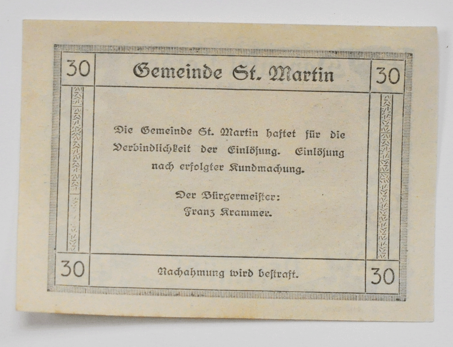 30 Heller Austria Notgeld Banknote St Martin Obermuhl