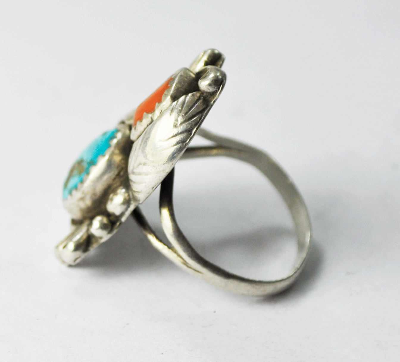 Antique Sterling Turquoise Coral LC Tow Part Shadow Box Ring 29mm Size 7.25