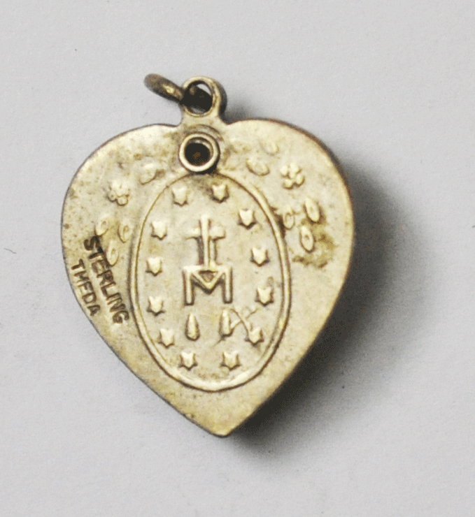 Theda Guilloche Enamel Puffy Heart Hidden St Mary Charm Marcasite Halo 15x18mm