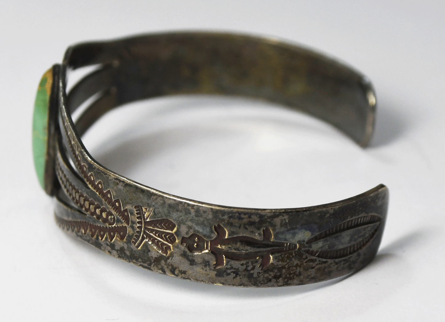Antique Coin Silver Yellow & Green Turquoise Cuff Lizard Bracelet 7" Wrist 23mm